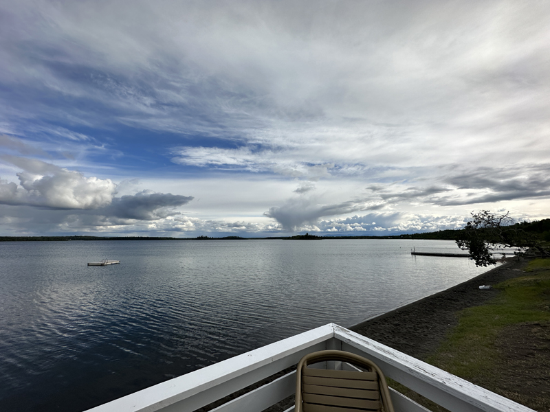 View of beach from porch of rental cabin.