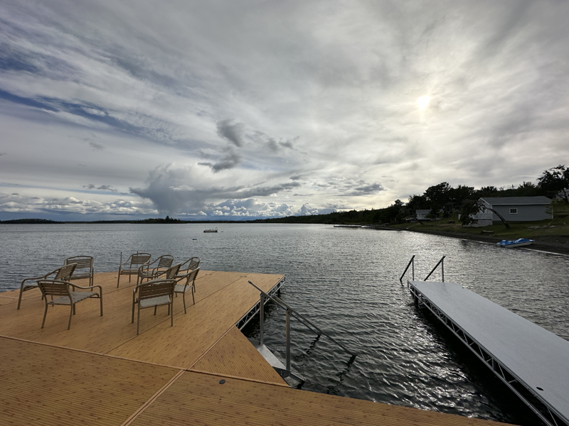 Close up of stitting area on boat dock.